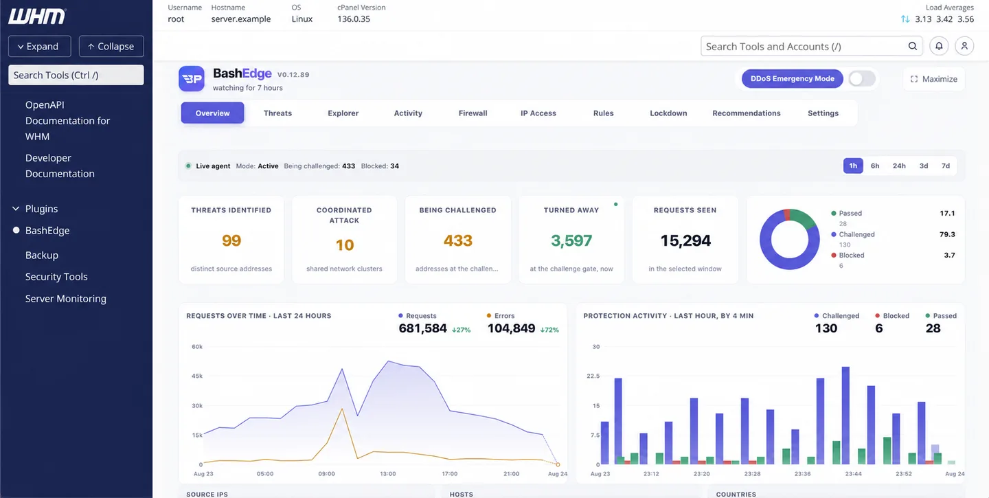 BashEdge Web application firewall and Layer 7 DDoS protection dashboard running inside WHM