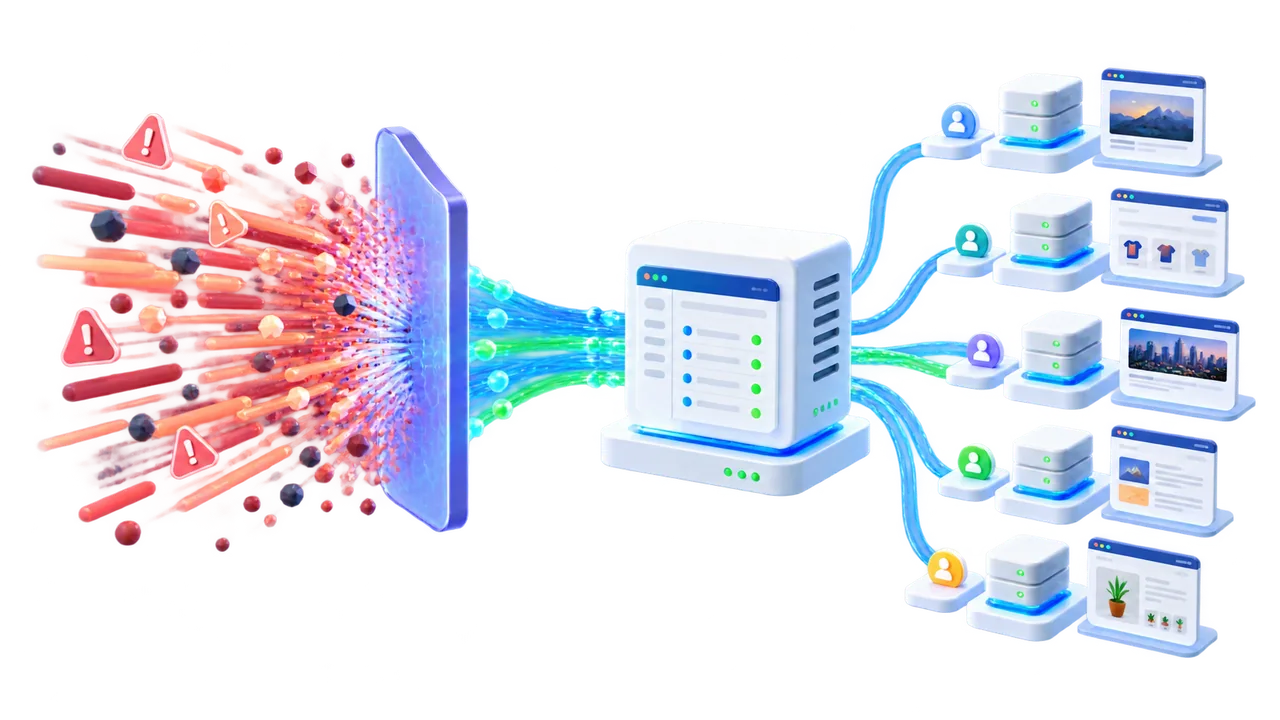 A BashEdge security layer containing hostile request volume before clean traffic reaches separate DirectAdmin users and hosted websites