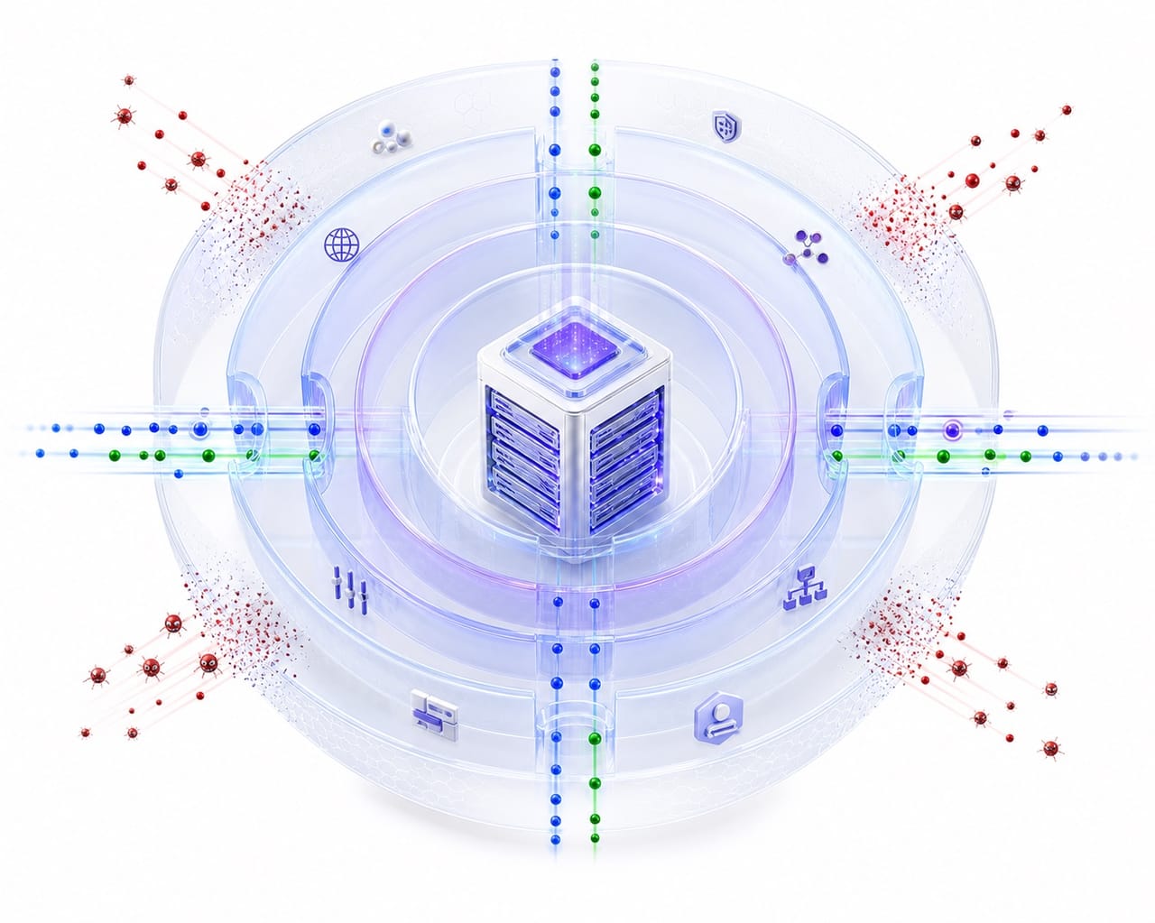 A Web server protected by four coordinated BashEdge security layers while hostile requests are stopped and verified traffic passes