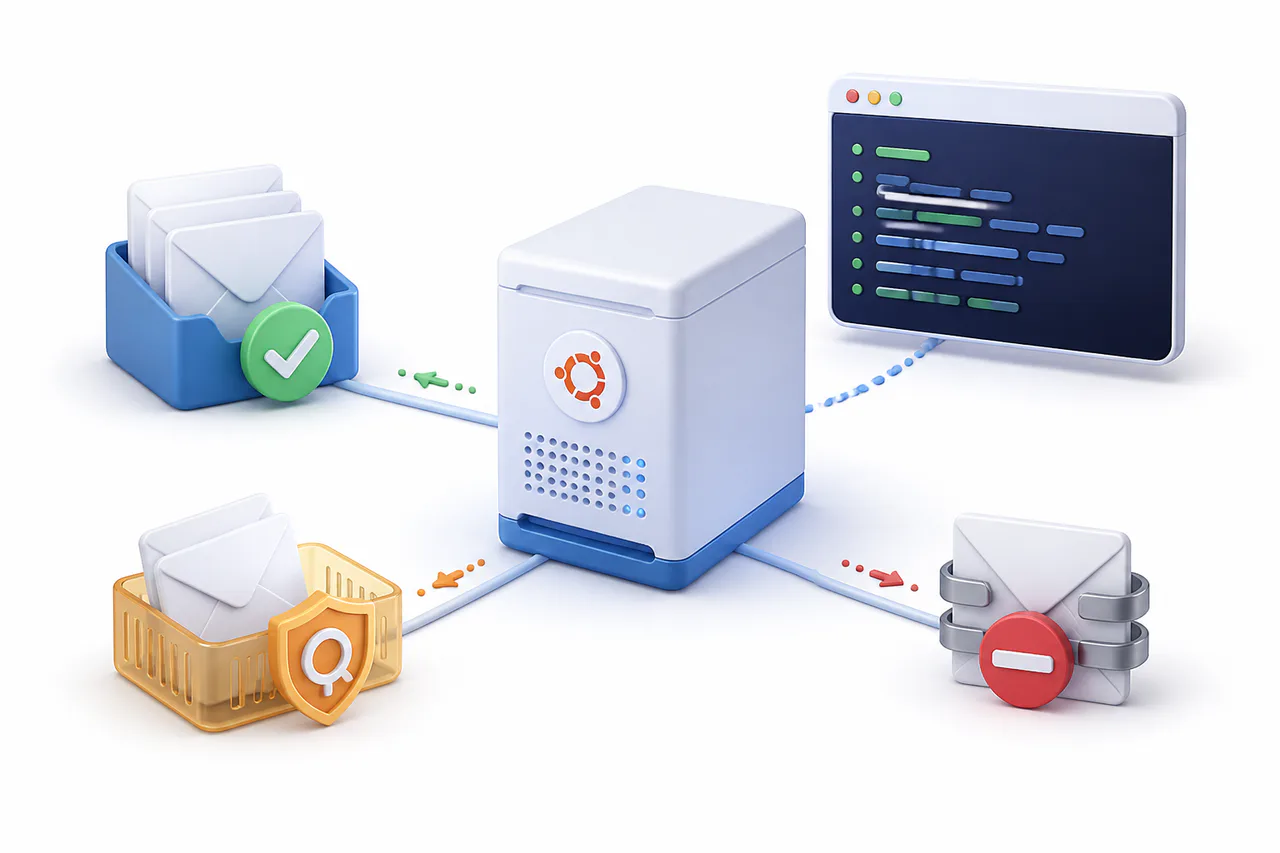 Ubuntu mail server with BashEmail delivering wanted messages, holding suspicious mail for review and containing abusive outgoing email