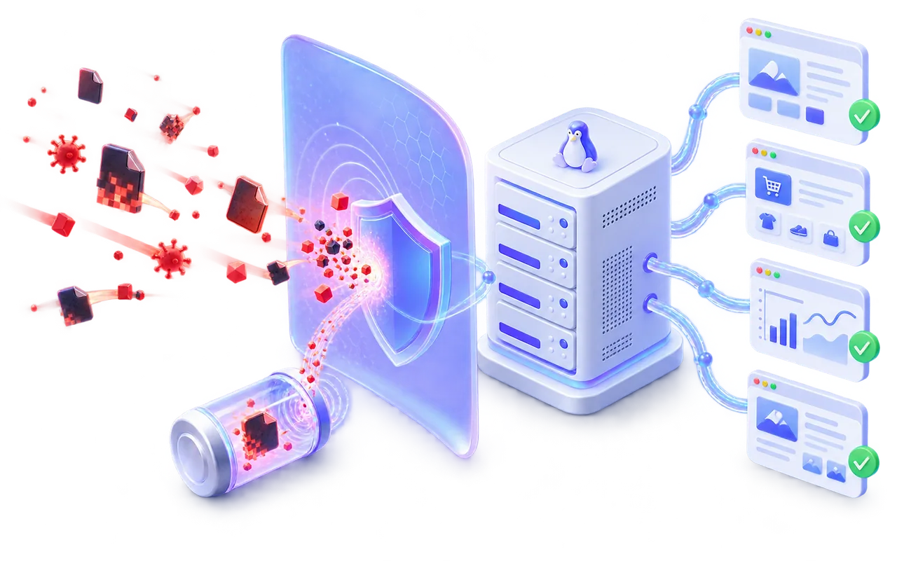 BashSecure scanning a Linux hosting server, stopping malicious files and keeping hosted websites healthy