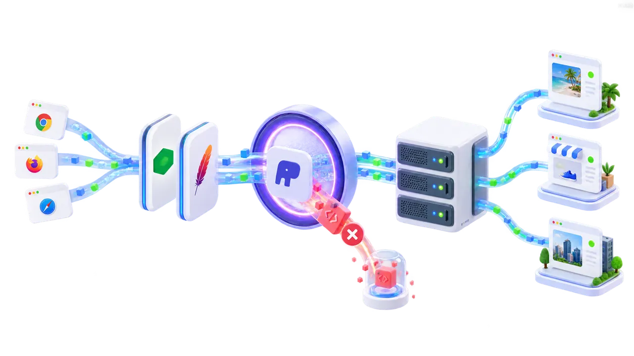 يقوم BashSecure بإيقاف طلب PHP الضار قبل أن يصل إلى مواقع الويب المنفصلة المستضافة على خادم DirectAdmin