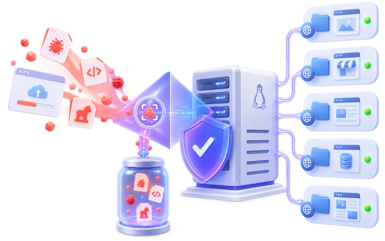 BashSecure scanning a Plesk server, isolating malicious files and preserving healthy subscriptions and hosted domains